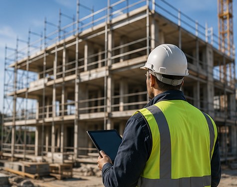 Bauleiter auf der Baustelle prüft Baufortschritt