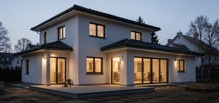 Modernes Wohnhaus mit ausgebautem Dachgeschoss in der Abenddämmerung