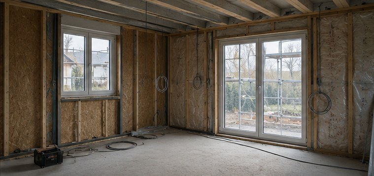 Dachgeschoss-Rohbau mit sichtbaren Sparren und Dämmung