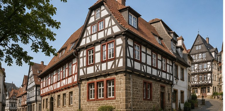 Historisches Fachwerkhaus mit Sandsteinsockel in einer hessischen Altstadt