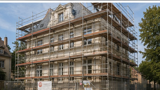 Denkmalgeschütztes Haus sanieren, eingerüstetes Gebäude
