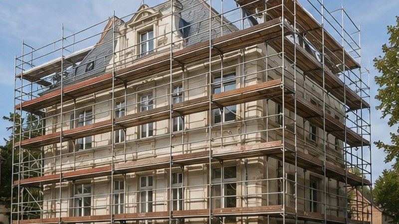 Denkmalgeschütztes Gebäude mit Baugerüst während der fachgerechten Sanierung