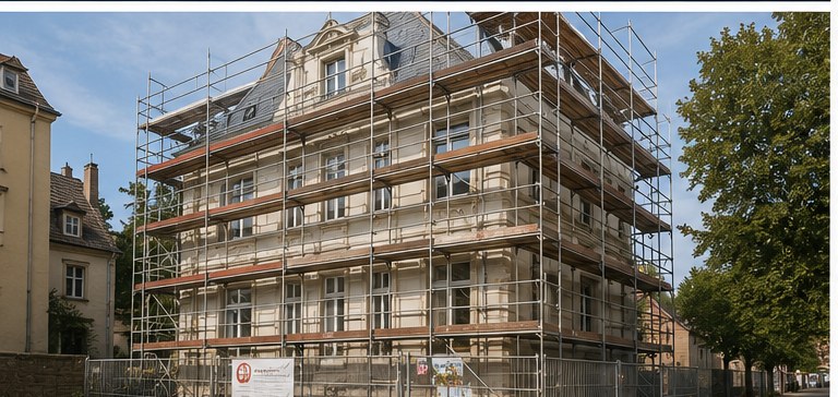 Denkmalgeschütztes Gebäude mit Baugerüst während der fachgerechten Sanierung