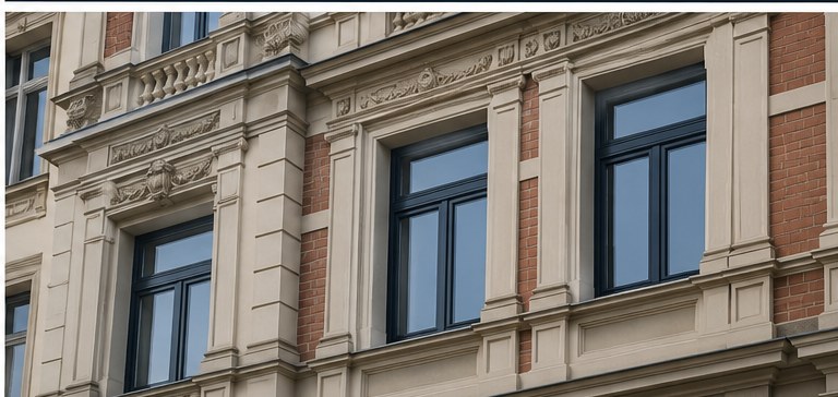 Historische Altbaufassade mit Stuckdetails, behutsam energetisch saniert