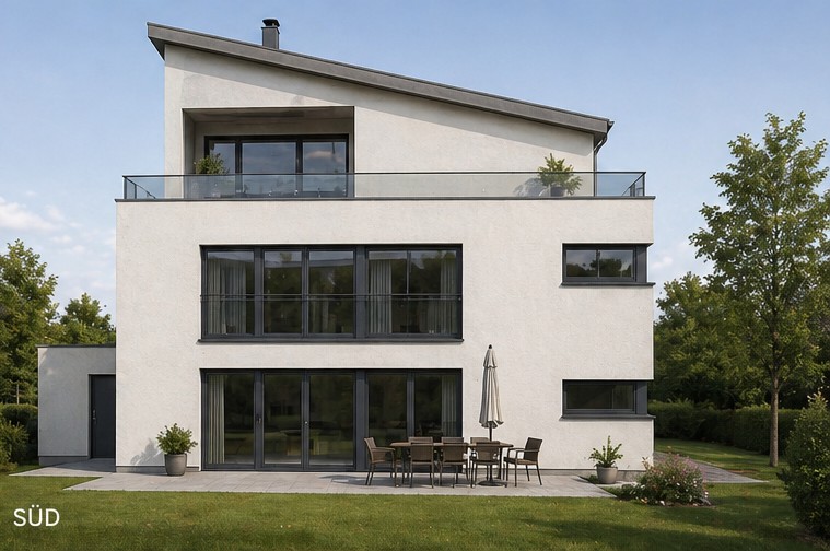 Neubau Wohnhaus mit Garage Bad Nauheim, Süd-Ansicht, Gartenseite mit Pultdach