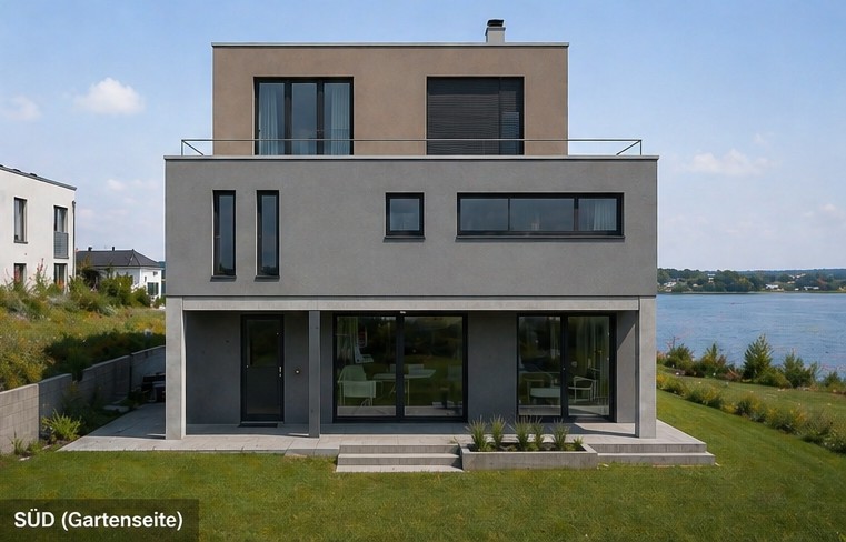 Wohnhaus am Seglerbogen Kap Zwenkau, Gartenseite mit Terrasse am Zwenkauer See