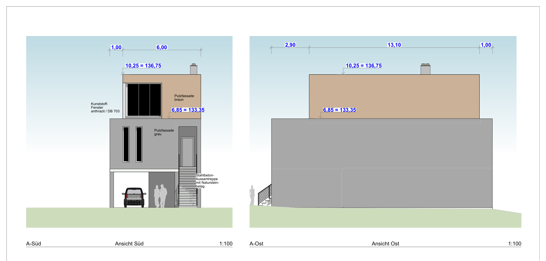 Wohnhaus Kap Zwenkau, Süd- und Ost-Ansicht als Architekturzeichnung im Maßstab 1:100