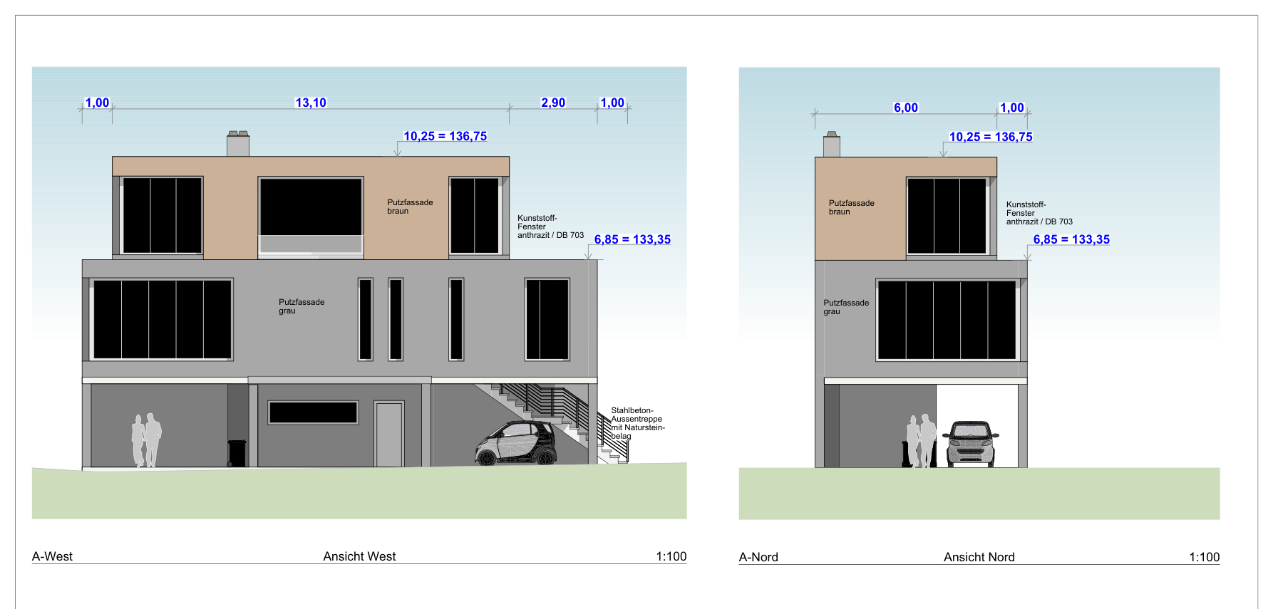 Wohnhaus Kap Zwenkau, West- und Nord-Ansicht als Architekturzeichnung im Maßstab 1:100