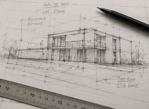 Architekt prüft Baupläne am Schreibtisch