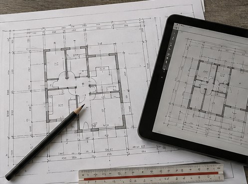Architektonischer Entwurf und Bauzeichnungen
