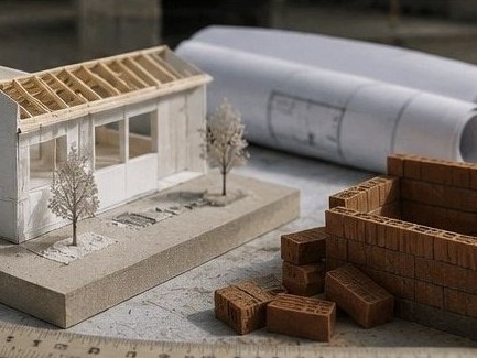 Architekturmodell mit Bauplänen
