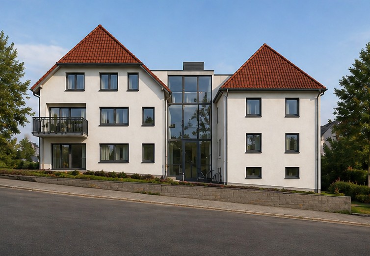 Mehrfamilienhaus Am Stadtwall Butzbach, West-Ansicht mit Glasanbau